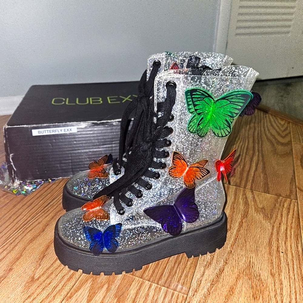 Club Exx Buttefly Combat Boots Glitter Combat Rave Festival Edm Boots